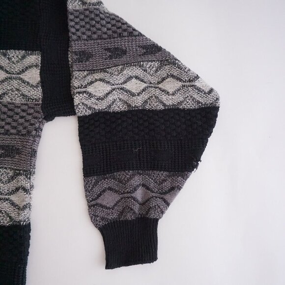 Vintage '80S Adolfo Black Gray 3D Biggie Cosby 100% Cotton Crew Neck Sweater L - Picture 8 of 9